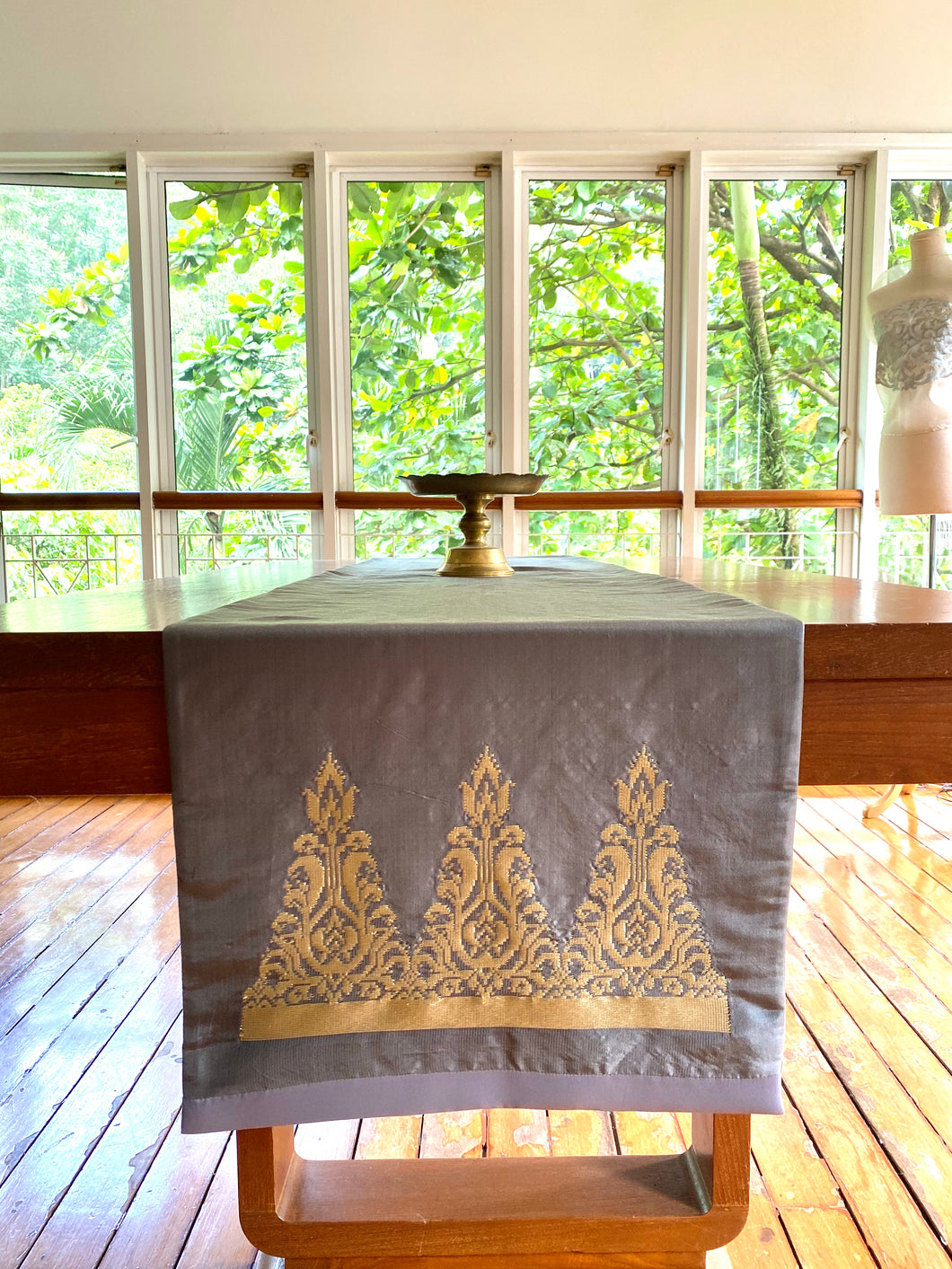 Lawi Ayam Table Runner ( slate grey with gold songket motif)