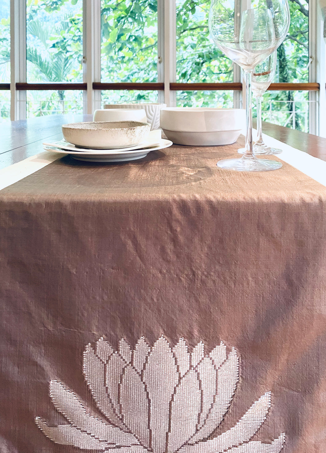 Senijari signature Lotus table runner in ( Taupe and silver )